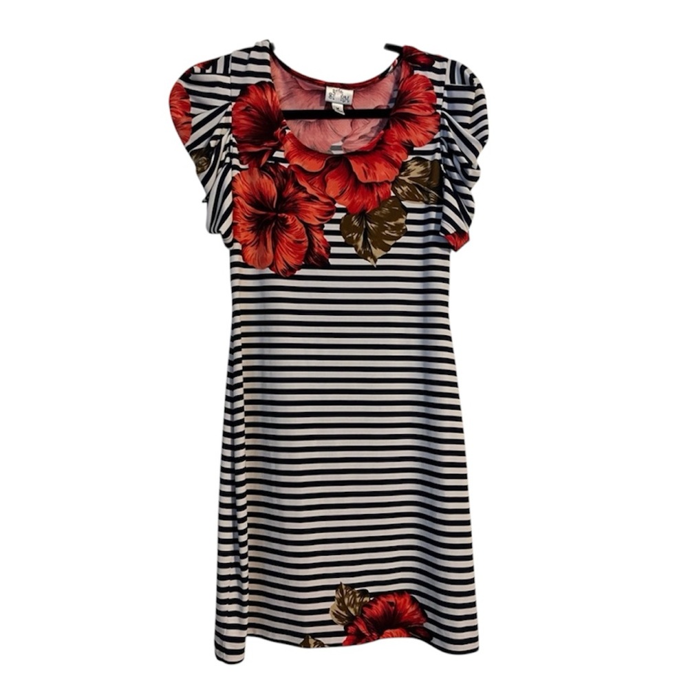 Sweet Storm Fitted Stretch Striped Floral Dress Tunic Travel Casual Tropical